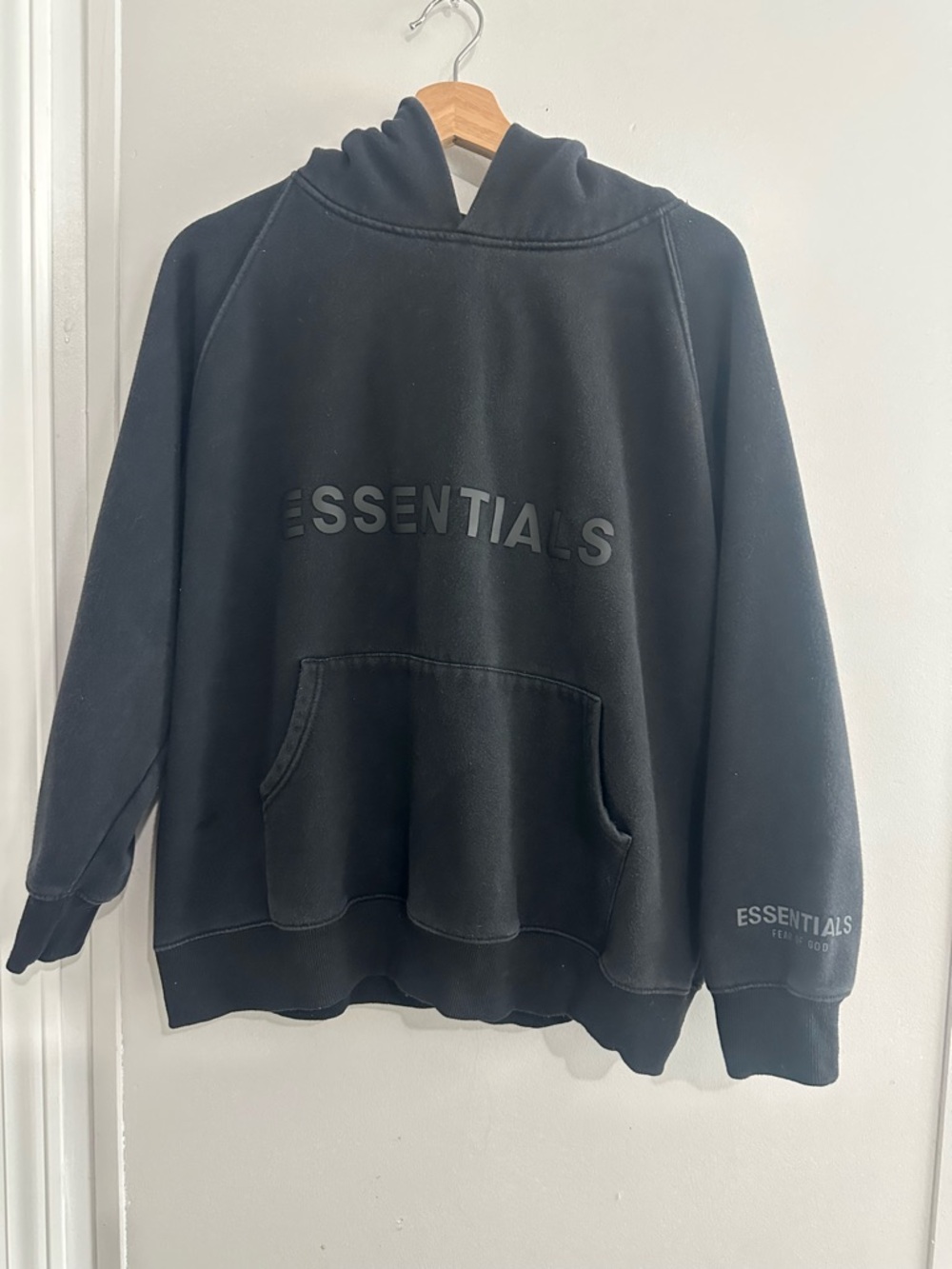 Essentials Black Crewneck Hoodie with Raised Logo
